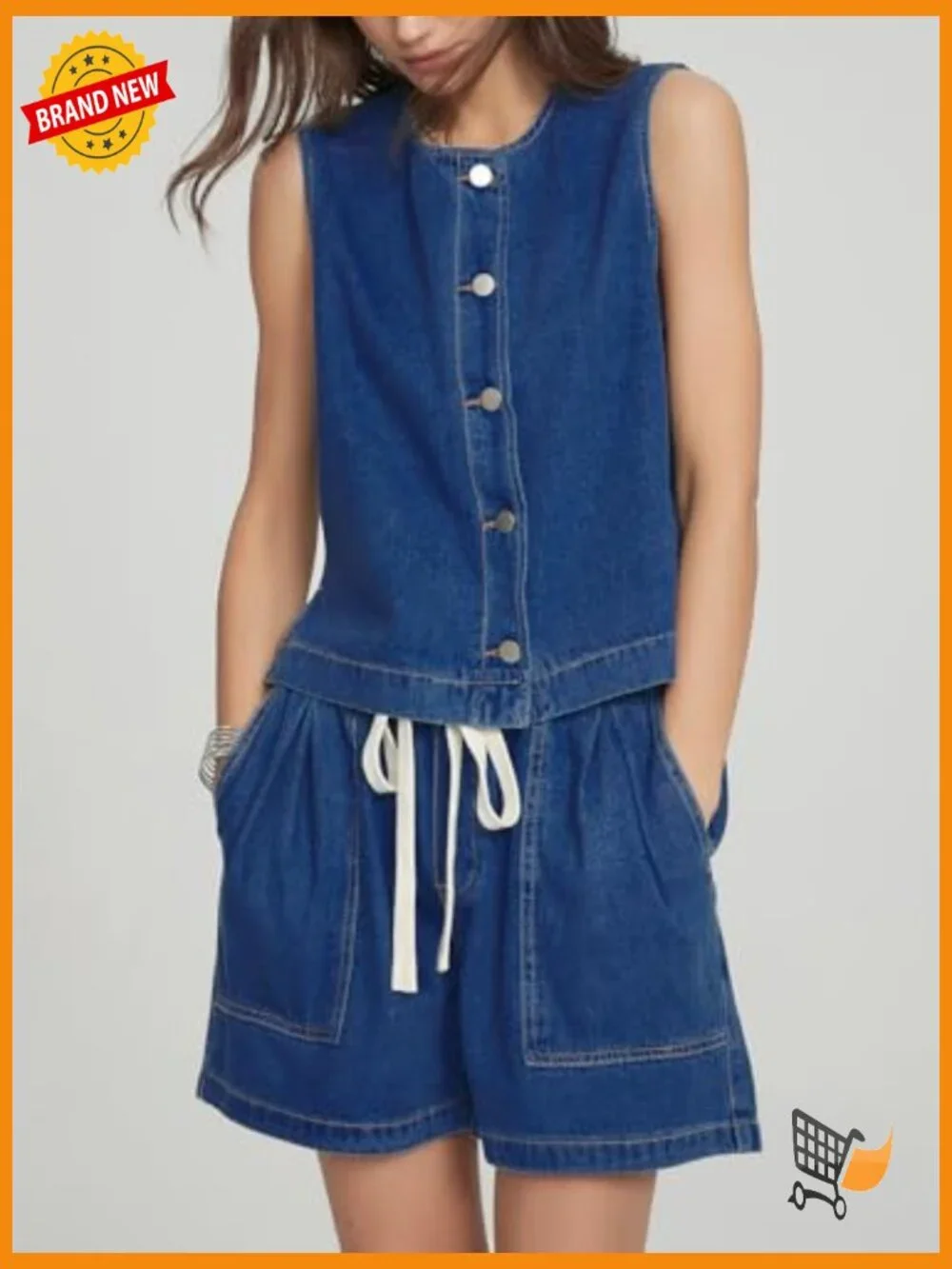 Denim Vest & Shorts Matching Set Sleeveless Crop Top Baggy Jean Shorts